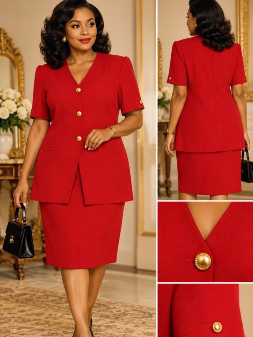 Vintage 1980s Kasper For A.S.L Red One Piece Elegant Dress Gold Button  Size 18W